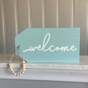 Beautiful Wooden WELCOME Decor Tag Shaped Sign with Beaded Hanger